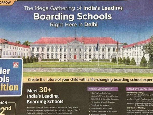 Hindistan'da yayımlanan reklamda okul binası yerine Almanya'daki Bellevue Sarayı'nın fotoğrafı kullanıldı
